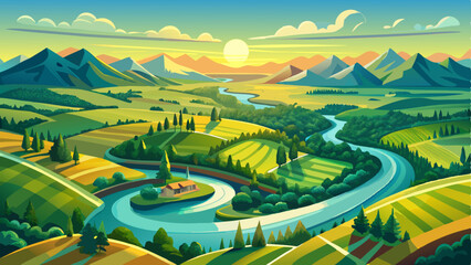 vector of panoramic aerial shot where a twisting river reflects sunlight as it winds through verdant fields