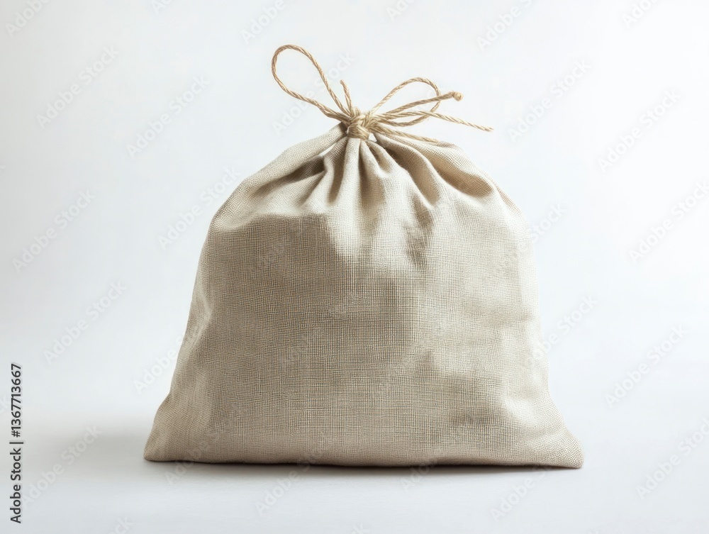 Poster Closed Burlap Sack on White Background with Tied Twine String