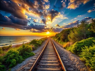 Obraz premium Long Island Railroad Tracks: Scenic Autumn Day, Coastal New York