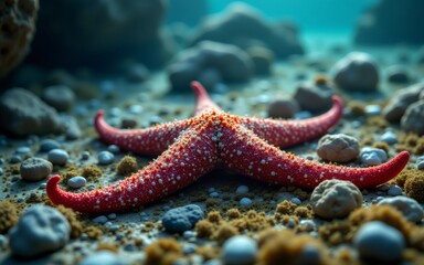 A vibrant red starfish rests on a sandy ocean floor, surrounded by pebbles and marine life