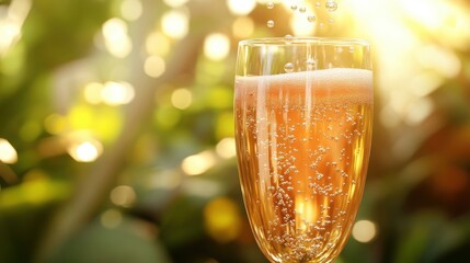 A glass of sparkling beverage with bubbles, illuminated by sunlight.