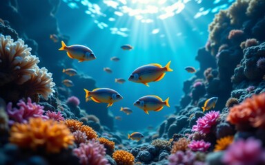 A vibrant underwater scene showcasing colorful coral reefs and diverse fish swimming gracefully