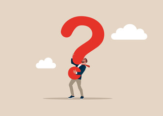 Businessman hold of huge question mark. Search for new business idea. Big problem and a lot of questions. Modern vector illustration in flat style. 