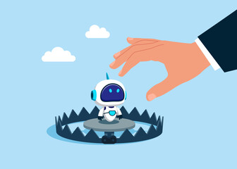 Robot on bear trap. Technology trap. Technology or investment. Flat vector illustration