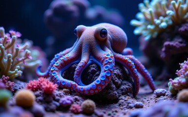 A vibrant octopus rests among colorful coral in a serene underwater environment