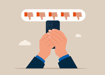 Hand picking the icons dislike for review on smartphone. Negative quality. Bad rating - customer review online. Internet hater, angry social media. Flat vector illustration