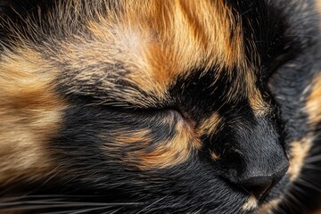 Macro shot of a tortoiseshell cats fur, emphasizing the natural black and orange spot patterns