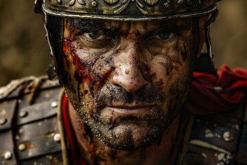 Determined roman soldier, bearing battle scars, gazes intently into the distance