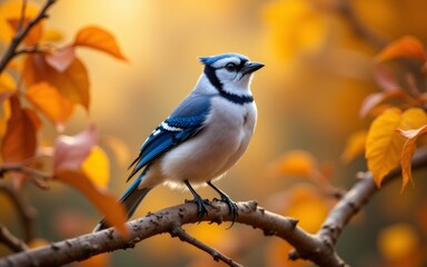 A blue jay perched on a branch with vibrant autumn leaves in the background, showcasing its striking plumage