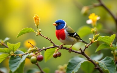 A vividly colored bird perched on a branch adorned with flowers and fruits, showcasing nature's beauty
