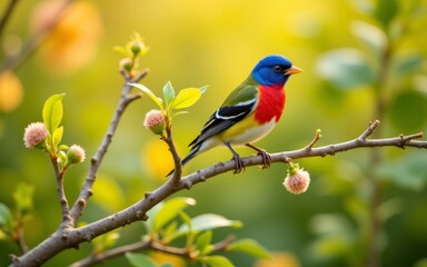 A colorful bird perched on a branch, showcasing vibrant blue, green, and red plumage amidst soft, natural backgrounds