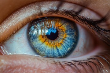 Close-up of a human eye reveals vibrant blue and brown colors in stunning detail