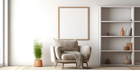 An empty vertical rectangle frame mockup, placed on the wall of a living room with modern furniture