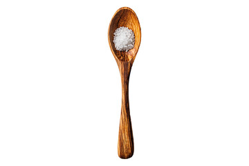 wooden spoon with salt Isolated on White and Transparent Background PNG Image.