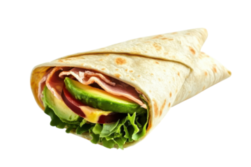 Delicious wrap filled with fresh vegetables and savory deli meats ready for a satisfying snack isolated on transparent background