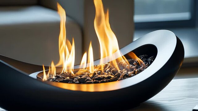 This tabletop fireplace enhances the contemporary living space with its sleek design. Flames dance above decorative stones, providing warmth and a welcoming atmosphere in the room.