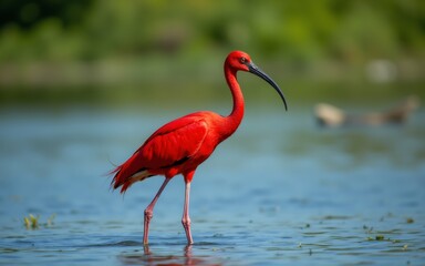 A striking red bird wades through shallow water, showcasing vibrant plumage against a lush, green backdrop