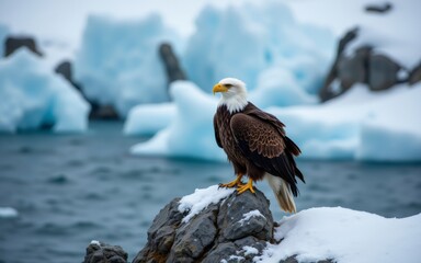 A majestic eagle perched on a rock amidst icy waters and glacial formations