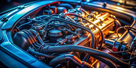 Fototapeta premium Low Light Car Engine Detail: Close-up of Wires and Cables