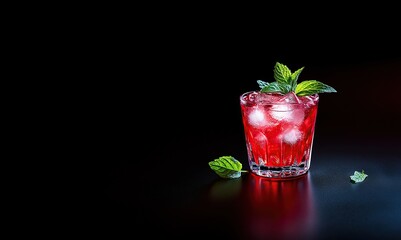Red Cocktail with Ice and Mint on Black Background, Side View Mockup for Banner Design