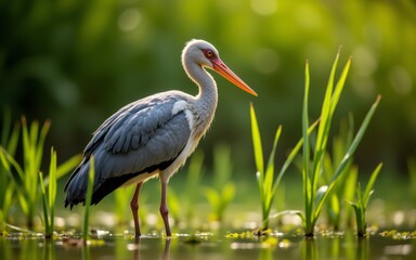 Fototapeta premium A graceful bird stands amidst lush green reeds, showcasing vibrant plumage near calm waters