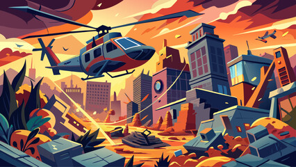 Urban Catastrophe: Helicopter Rescue Amidst City Destruction