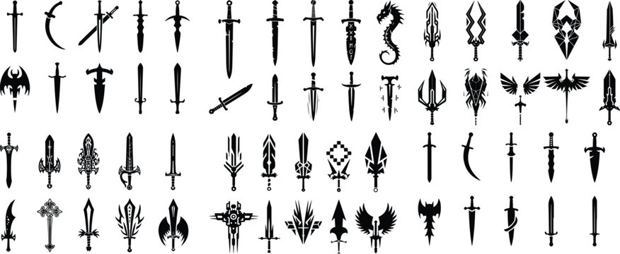 Sword silhouette collection vector knife and sword silhouette collection Medieval Sword Silhouettes Sword icon set Collection of silhouettes of different medieval and fantasy swords Element Vector