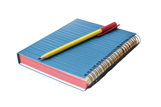 A bright blue notebook sits open, showcasing colorful lined pages isolated on transparent background