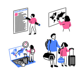 Cartoon Color Migration Concept Forced Journeys Scenes Set with Women and Men Flat Design Style. Vector illustration