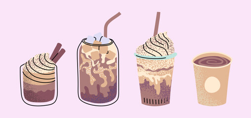 Cartoon Color Different Hot and Iced Coffee Beverage Set with Line Art Elements in Glass and Paper Cup. Vector illustration