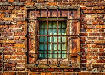 Weathered brick wall, rusty iron window frame backdrop. Ample space for product placement and text.