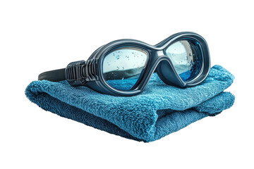 Swimming Goggles Resting On A Soft Blue Towel, Still Damp From A Refreshing Swim, Promising Summer Fun And Relaxation In The Sun Isolated on Transparent Background