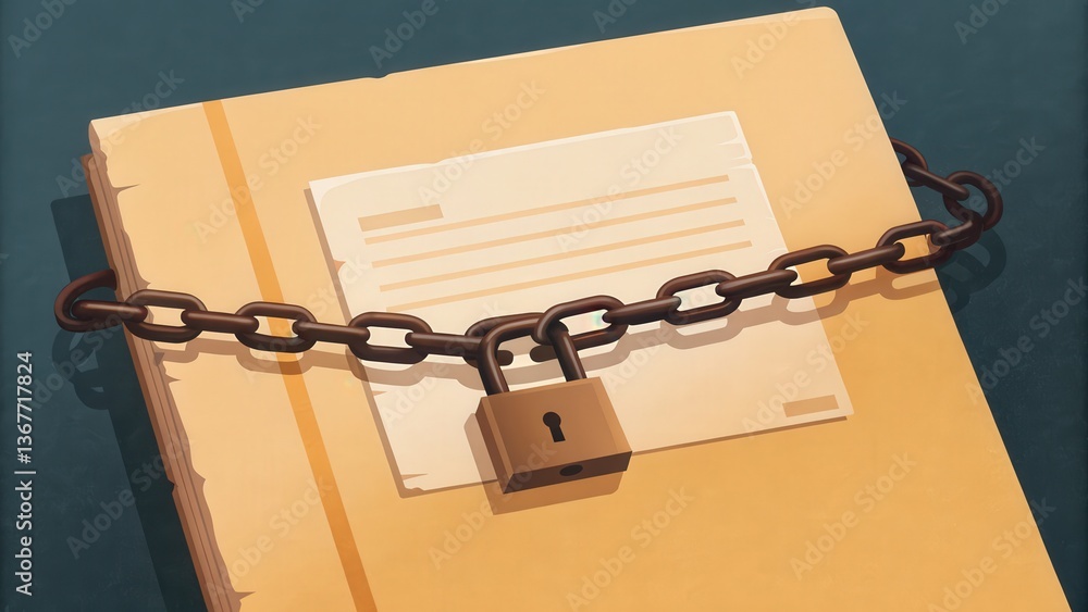 Poster law restriction policy concept. locked folder with chain and padlock for security.