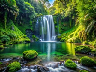 Obraz premium Surreal green waterfall, moss-draped oasis. Urban exploration reveals a hidden circular paradise.