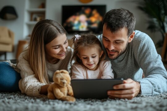 Family, children and tablet with a girl, sister and parents watching tv on the living room floor together. App, kids or subscription with a mother, father and daughter siblings bonding at - Powered by Adobe