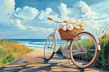 Fototapeta premium Coastal Breeze and Two Wheels, Bicycles with baskets