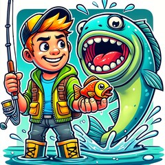 Cartoon boy proudly holding fish after successful fishing trip