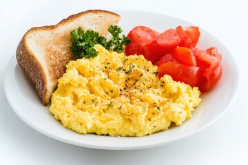 Delicious scrambled eggs with toast and fresh tomatoes served for a hearty breakfast isolated on transparent background