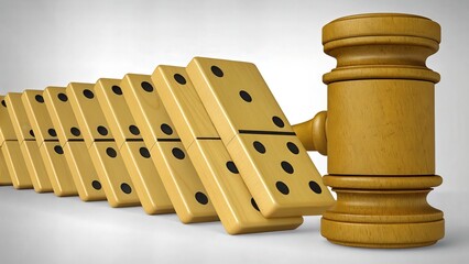 law restriction policy concept. Wooden dominoes toppled next to a gavel, symbolizing justice and consequences.