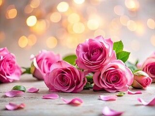 Vibrant pink roses, bokeh-blurred background, ample space for text. Perfect web banner.