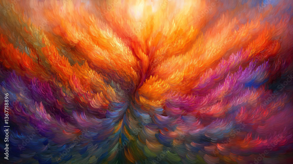 Poster an intriguing colorful abstract painting displaying energetic colors and brushstrokes that create a 