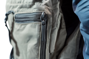 Detailed close-up of a rugged backpack zipper showcasing durable design and texture in natural light isolated on transparent background
