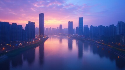 Fototapeta premium Serene Sunrise Cityscape: A Breathtaking View of Modern Urban Skyline Reflected in Calm Waters