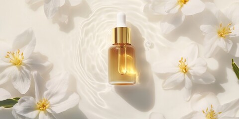 Serum surrounded by flowers: An elegant serum bottle nestled among delicate white flowers, a perfect marriage of nature and science, embodies the essence of botanical skincare. 