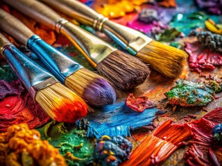 Fototapeta premium Low Light Oil Paint Palette with Used Brushes - Artistic Still Life