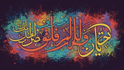 Colorful illustration of Arabic calligraphy on a paint splattered background.