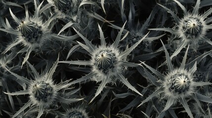 A close-up view of spiky thistle plants, showcasing their unique textures and shapes in a monochromatic palette.