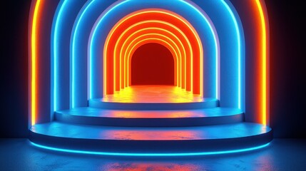 Fototapeta premium Neon Archway Lit steps leading into a tunnel with glowing orange and blue arches