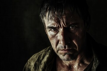 dark psychological portrait man in shadowy room harsh lighting sweatcovered face anguished expression gritty texture dramatic contrasts