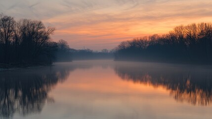 Obraz premium Serene Sunrise over Misty River
